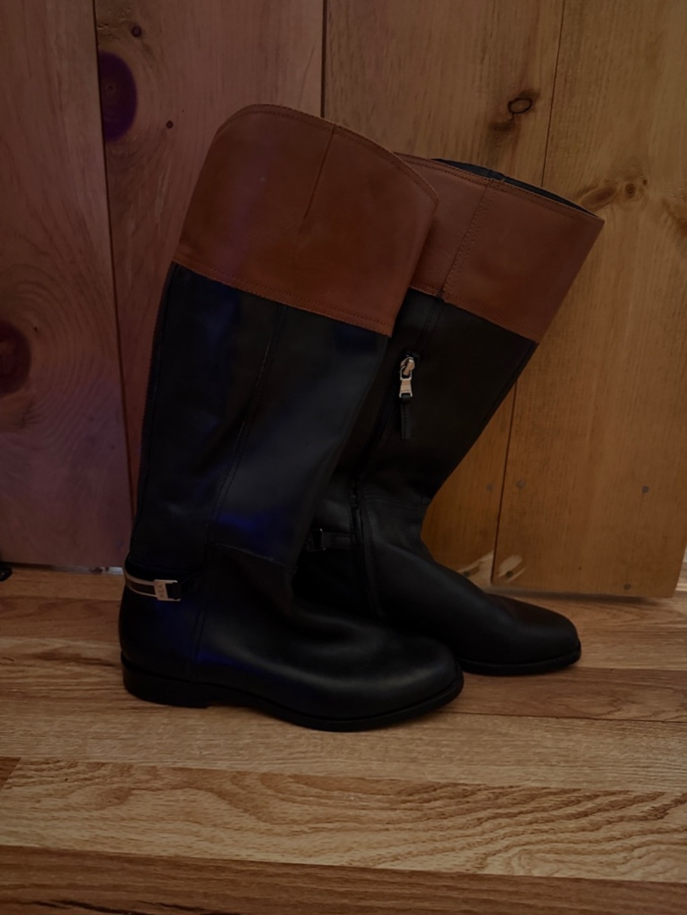 Polo by Ralph Lauren Black Leather Over-the-Knee Boots with Brown Cuff